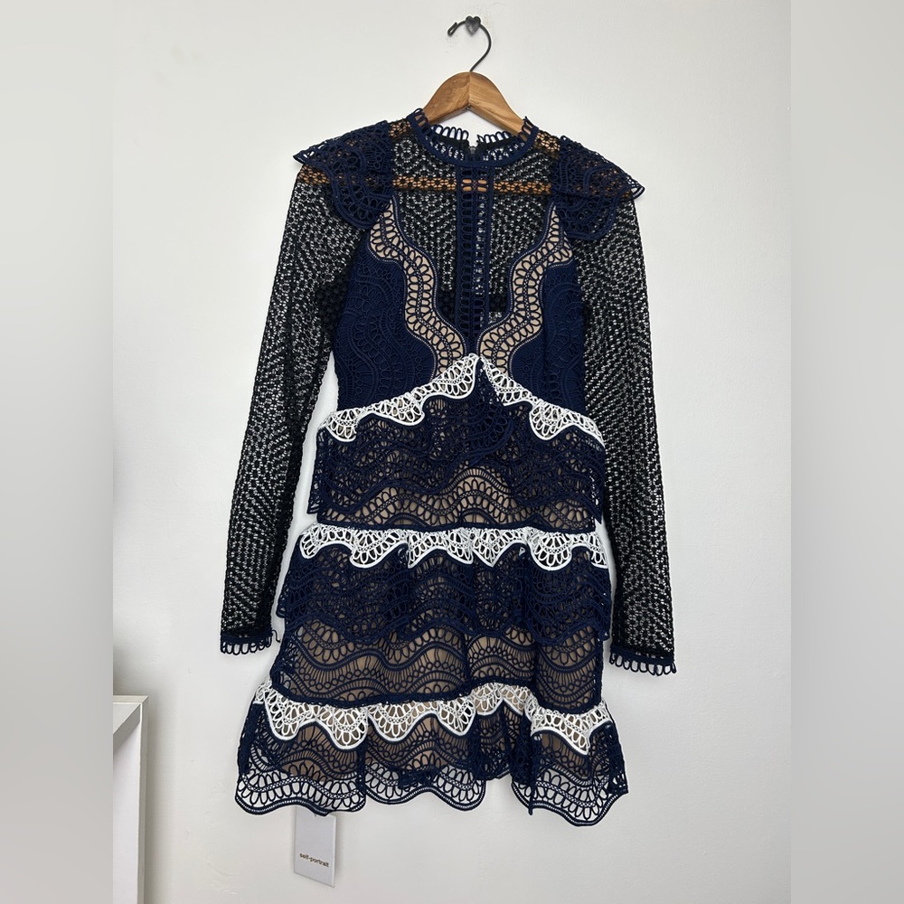 Self-Portrait Navy and White Lace Mini Dress - Picture 3 of 7